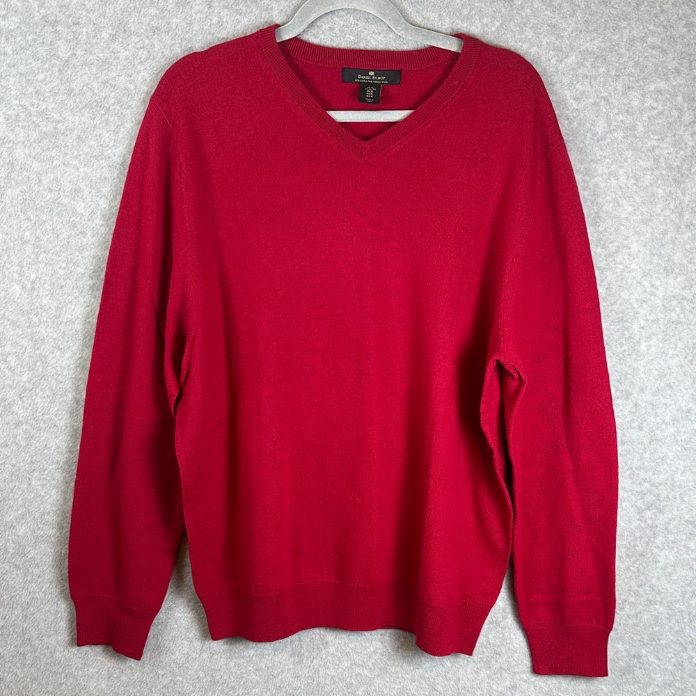 Daniel Bishop Men's XL V-Neck Sweater in Vibrant Red Merino Wool